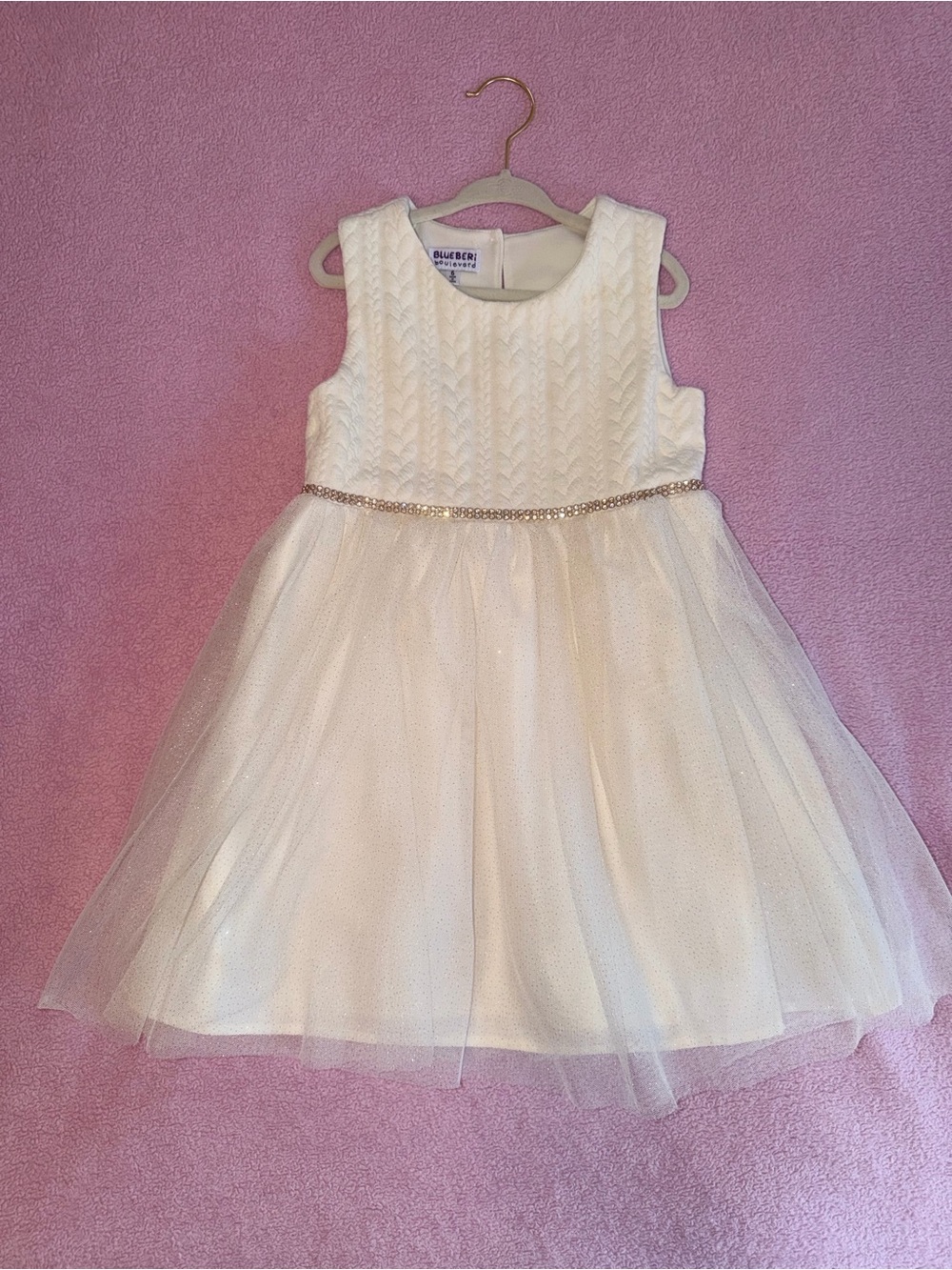 Blueberi Boulevard Girls' Ivory Tulle Dress with Beaded Waistband